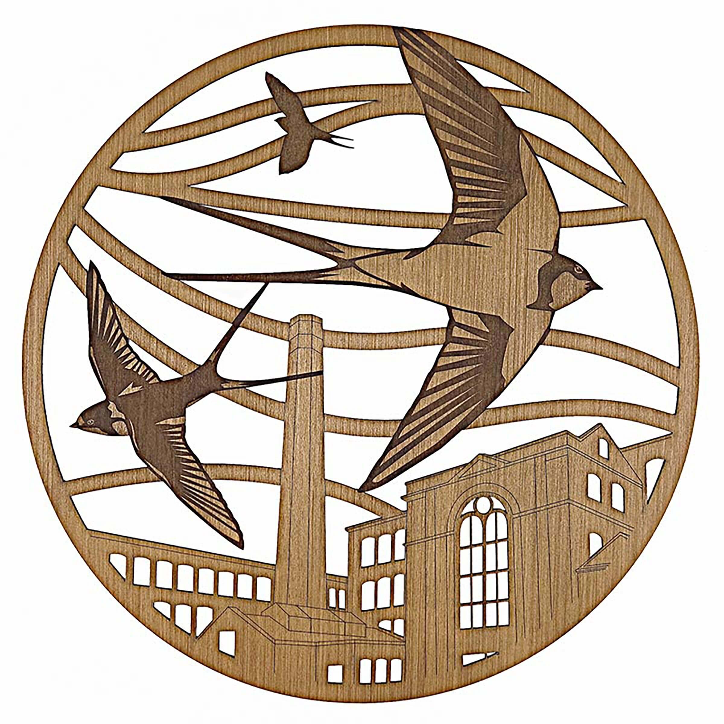 SWALLOWS-FLYING-ABOVE-ECKERSLEYS-MILL,-WIGAN---ENGRAVED-WOOD-ART---MARK-MENNELL---ETCH-AND-CUT-LASER-1