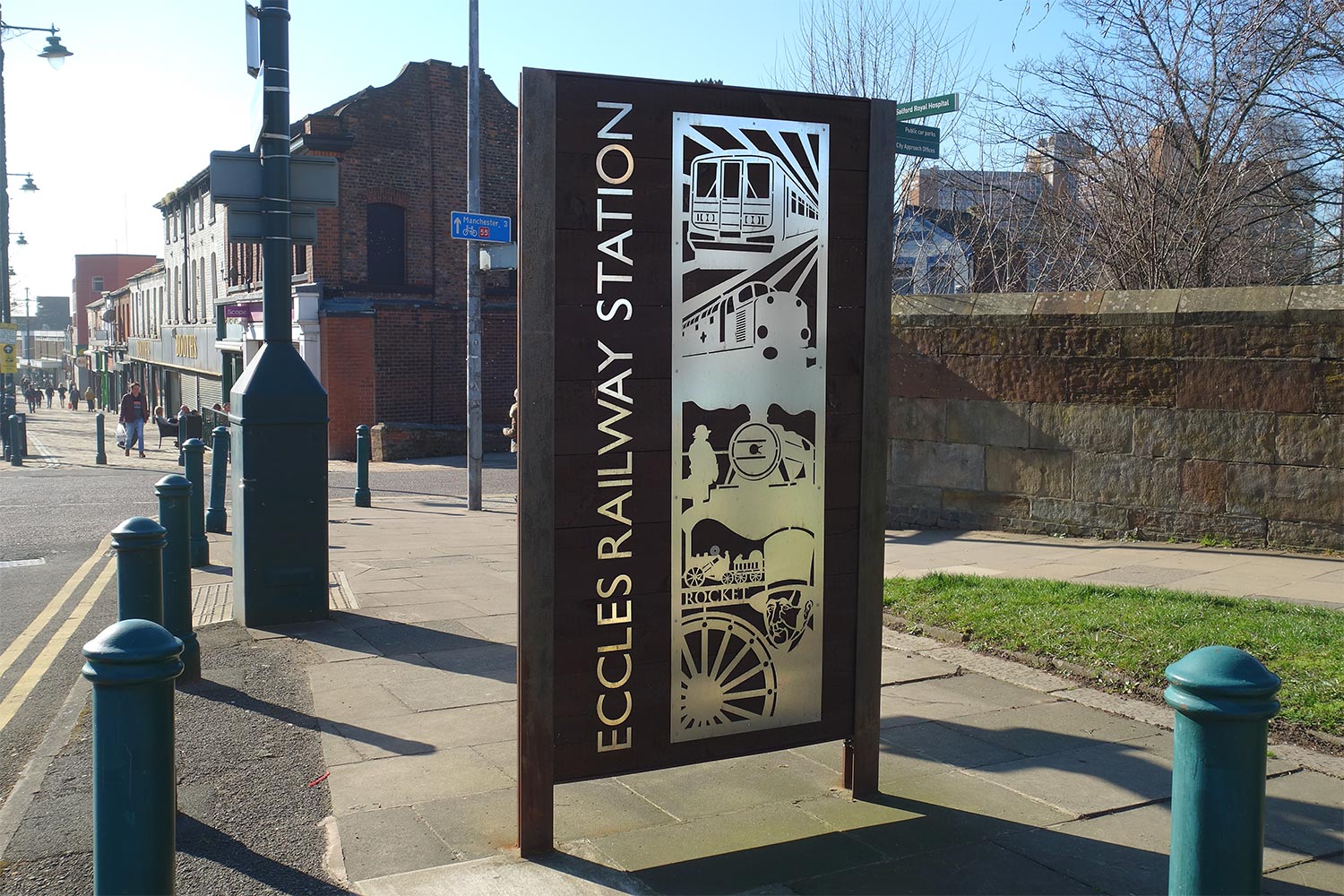 Laser-Cut-Stainless-Steel-Signage-Totem-Wayfinding-Public-Art-Eccles-Railway-Station
